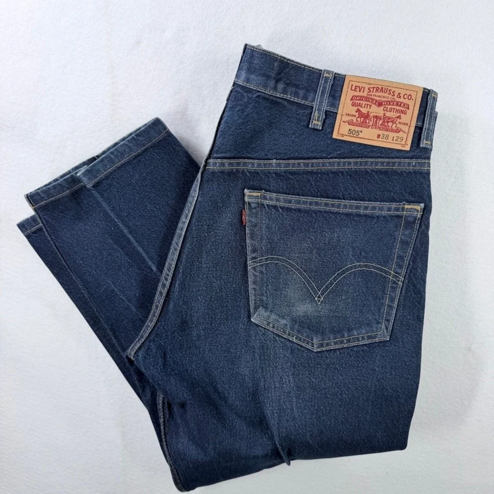 Levi's 505 Regular Fit Jeans Men's 38x29 Dark Wash Straight Leg Starched Denim